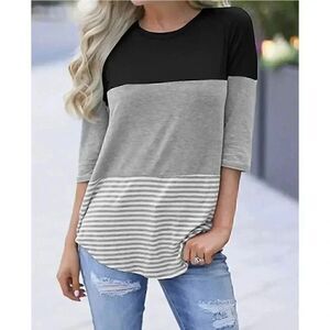 Hount Womens 3/4 Sleeve Back Lace Tops Round Neck Striped T-Shirts SZ M #1180
